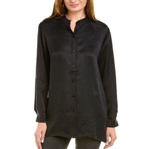 EILEEN FISHER 100% Cupro Mandarin Collar Boxy Shirt Black Size M